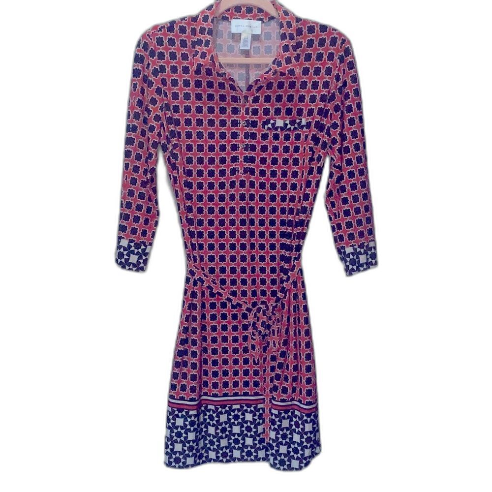Donna Morgan Red and Blue Geometric pattern Tie Belt Button Neck Dress Size 14